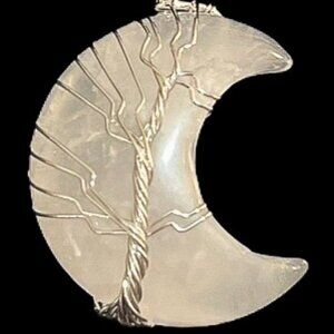 Clear Quartz Crystal Spiritual Crescent Moon, Wire Wrapped Necklace.